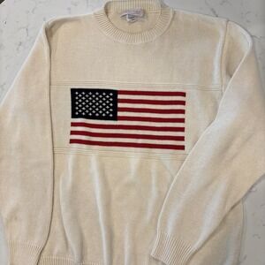 Vintage 90s Andrew Rohan American Flag Knit Sweater USA Made Ivory Womens SZ XL